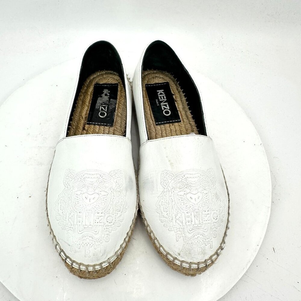 Kenzo Tiger Women Sz EU 35 US 5 White Espadrilles Embossed Logo Loafer Flat Shoe
